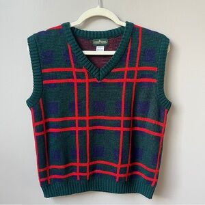 Vintage Sweater Vest Women's Medium Plaid Preppy Heritage Lodge Green Navy Blue